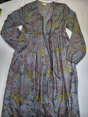 Paani Metallic Floral‎ Boho Dress – Size M, Long Sleeve, Tassel Tie Neckline